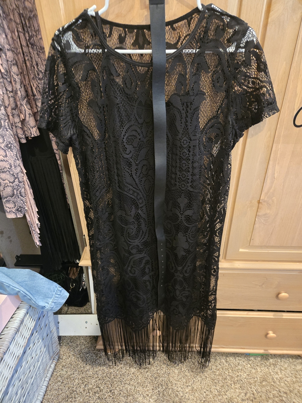 Black Lace Fringe Short Sleeve Dress With matching belt